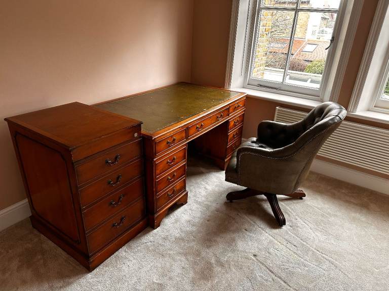 Leather Swivel Chesterfield Chair, Large Leather Top Reproduction Desk & Filing Cabinet set