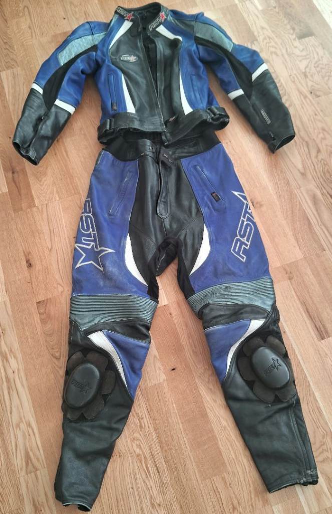 RST Ladies 2 Pc Leather Motorcycle Suit Women's Blue Black UK 14 EUR 40 Jacket