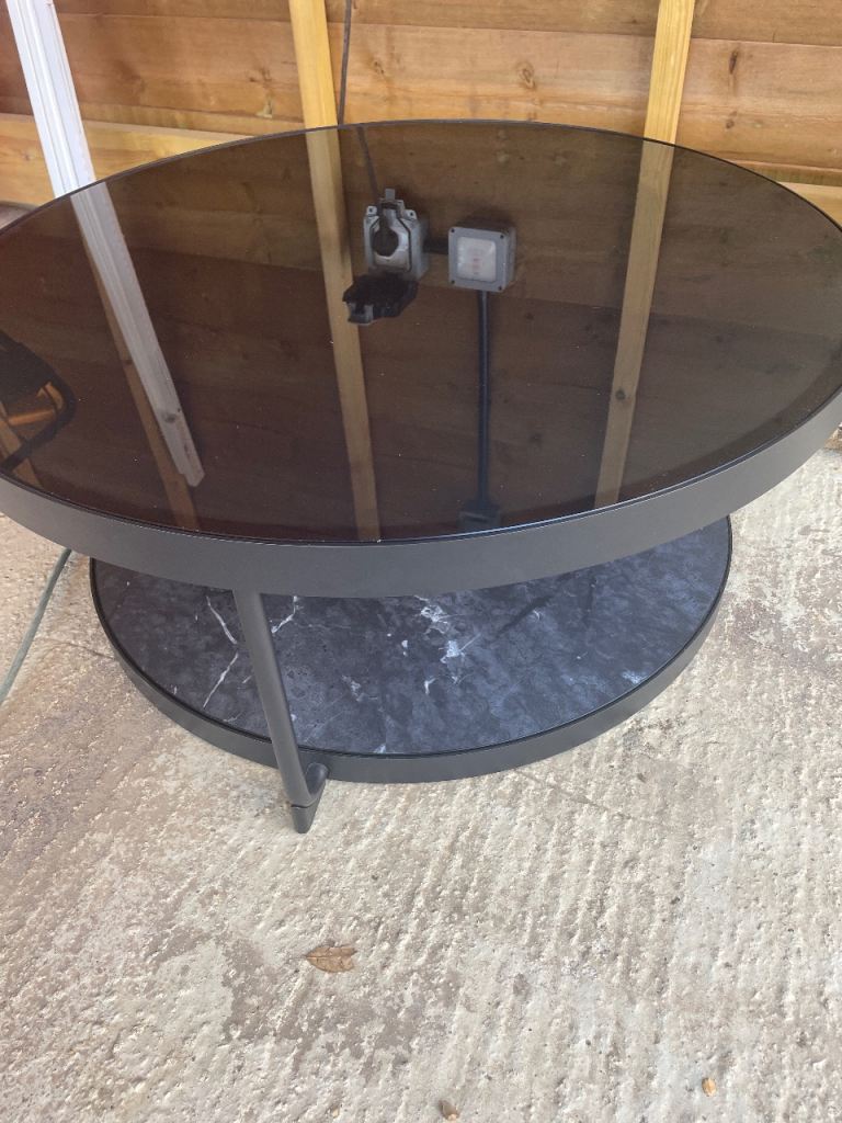 Black Glass & Marble Effect Round Coffee Table - Good Condition