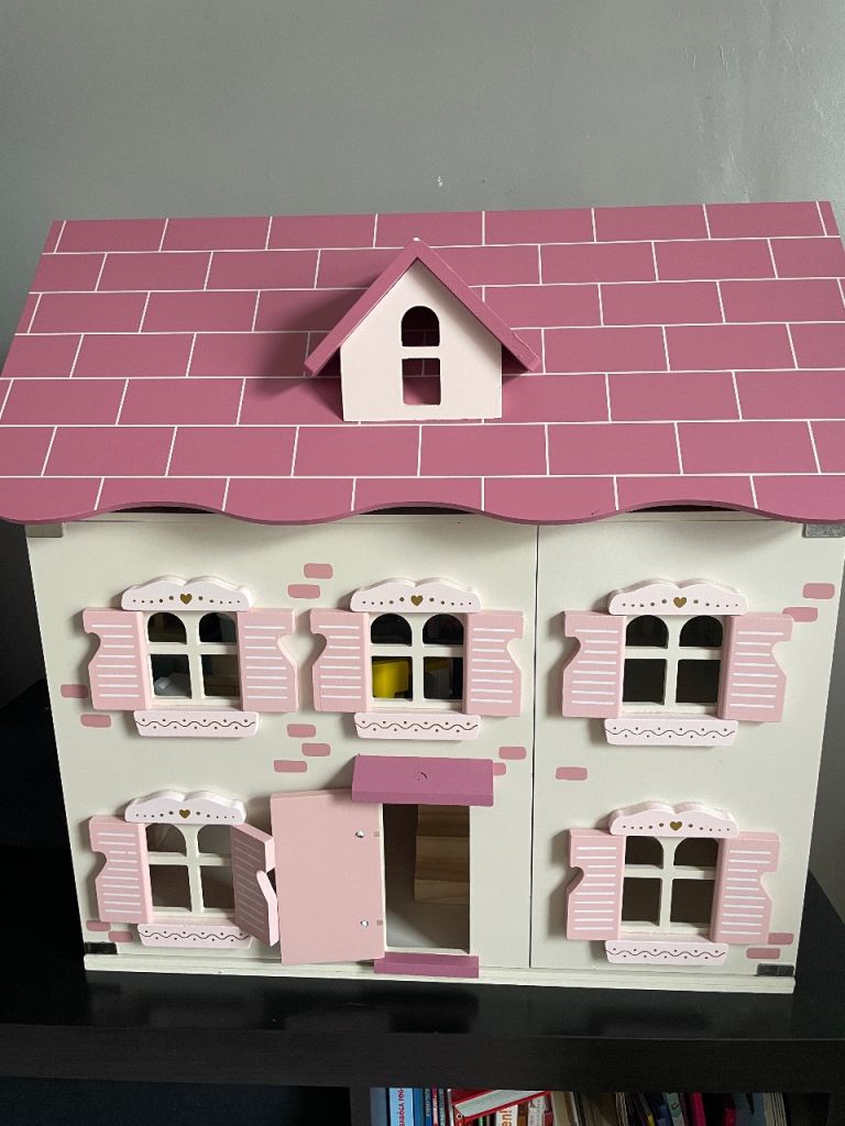 Large Wooden Dolls House + Furniture & Family Set