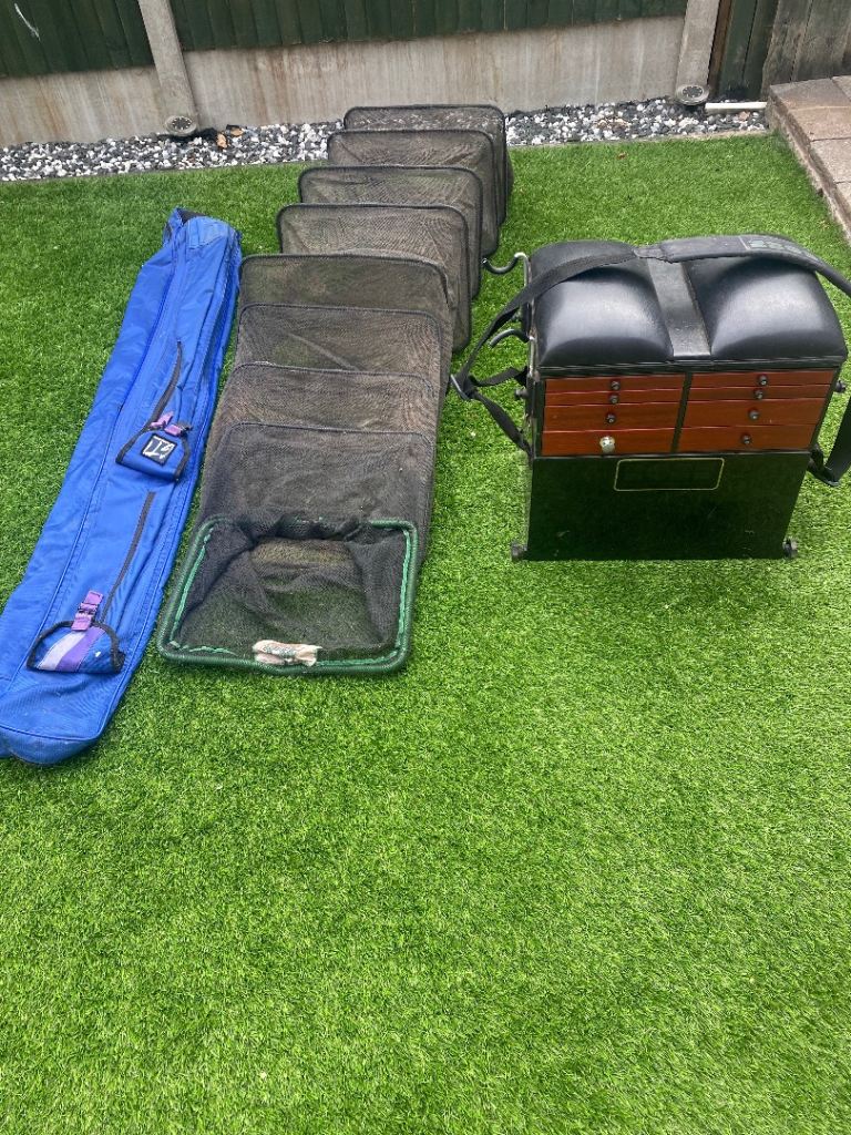 Fishing Seat Box, Keepnet, and Rod Bag – Good Condition