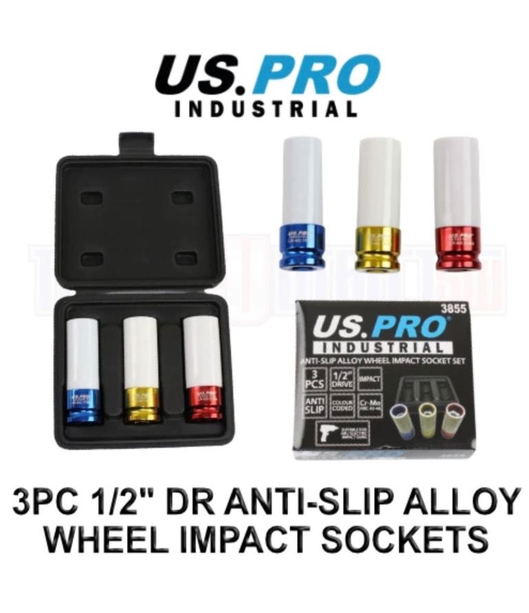 US.PRO Industrial 3PC 1/2" Anti-Slip Alloy Wheel Impact Socket Set