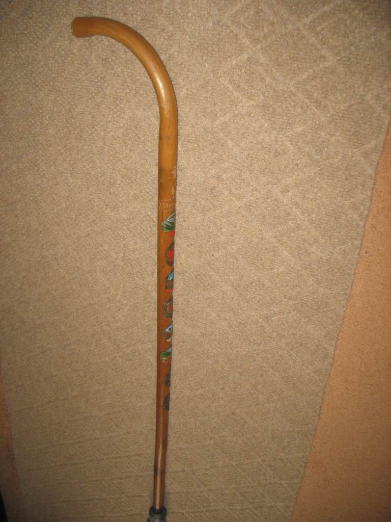 Vintage crook handled walking stick + badges, Tyrol Austria Steinach