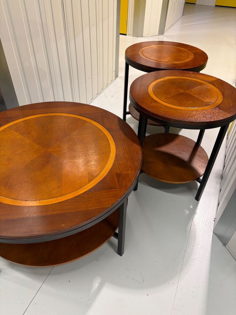 Vintage Matching Set of 3 Round Tables – Coffee Table & 2 Side Tables