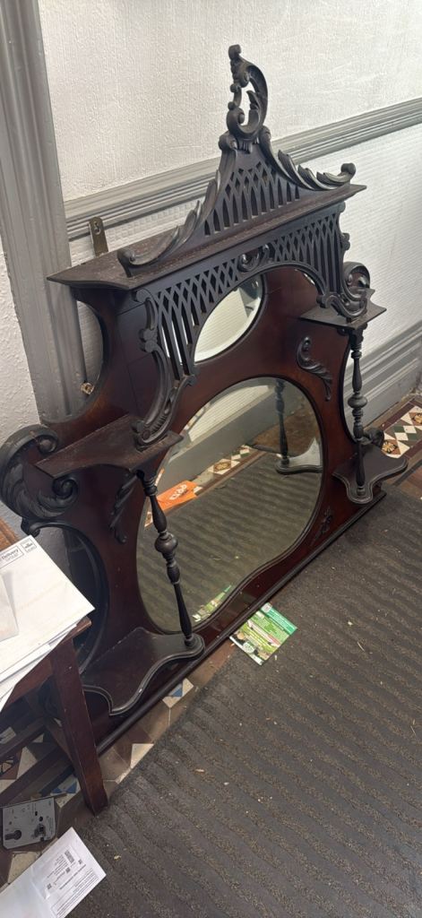 Vintage Dark Wood Hall Mirror with Shelves – Fair Condition