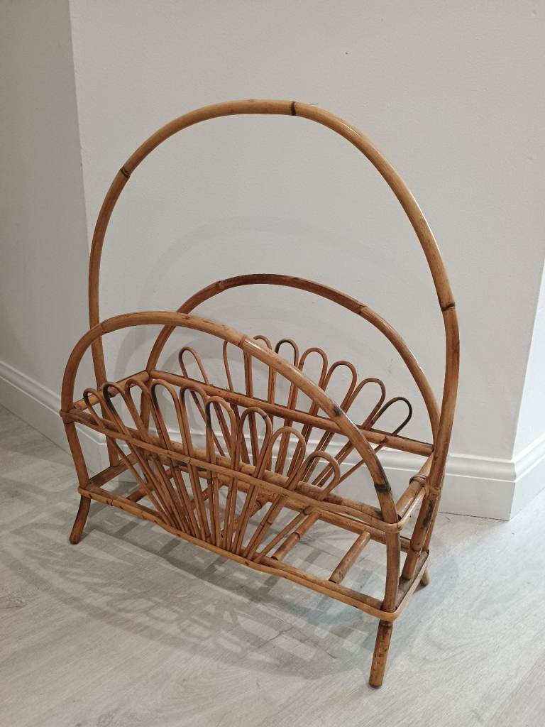 Vintage Mid Century Franco Albini style Sunburst Bamboo Cane Magazine Paper Rack Tiki