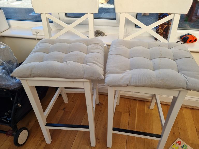 Two White Wooden Bar Stools with Comfy Seat Covers