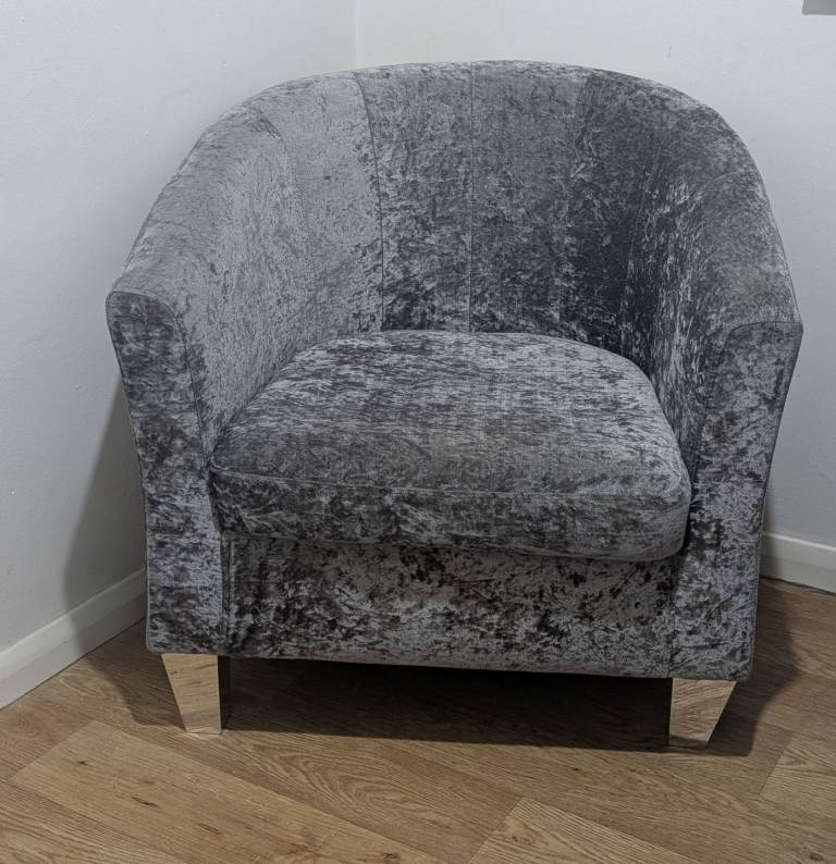 Grey silver Velvet tub chair with mirrored feet