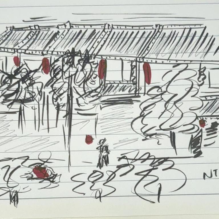 Sketch of a traditional home on a lined paper 'Chinese house with a red lantern'  