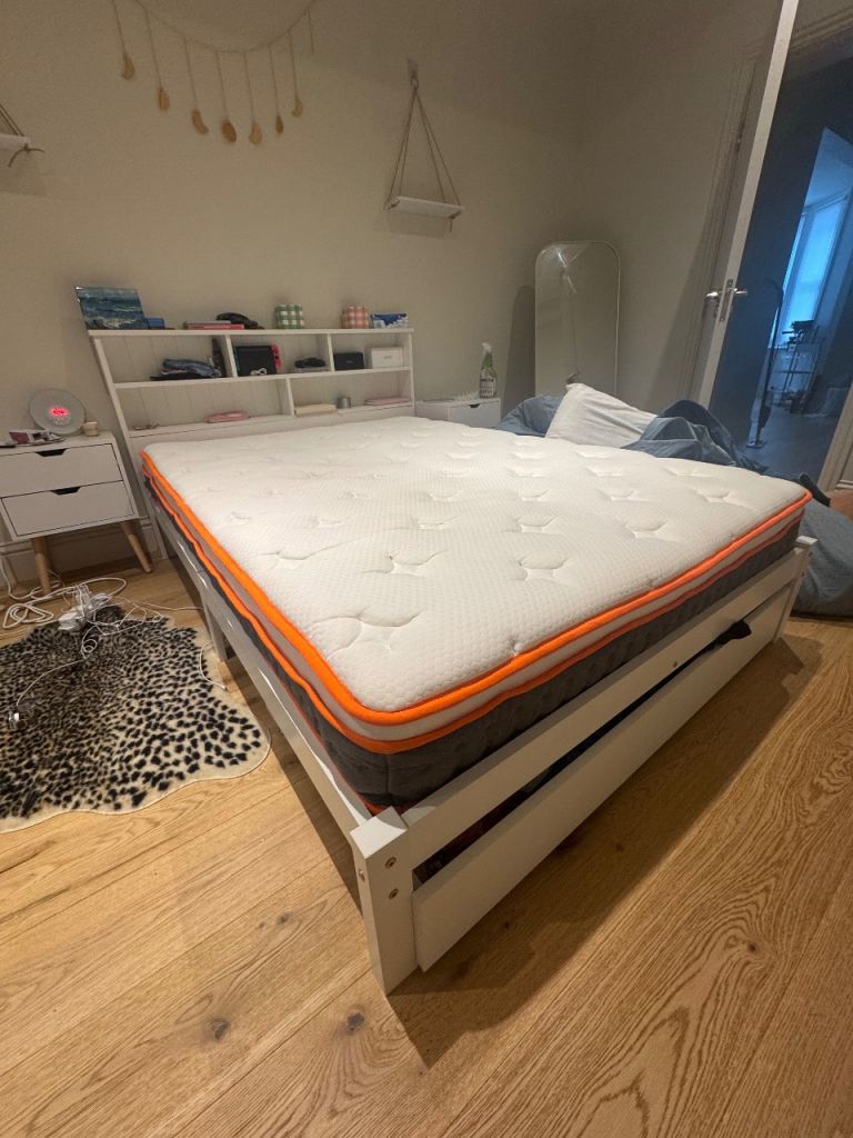 White Double Bed Frame with Storage Headboard and Under-Bed Drawers
