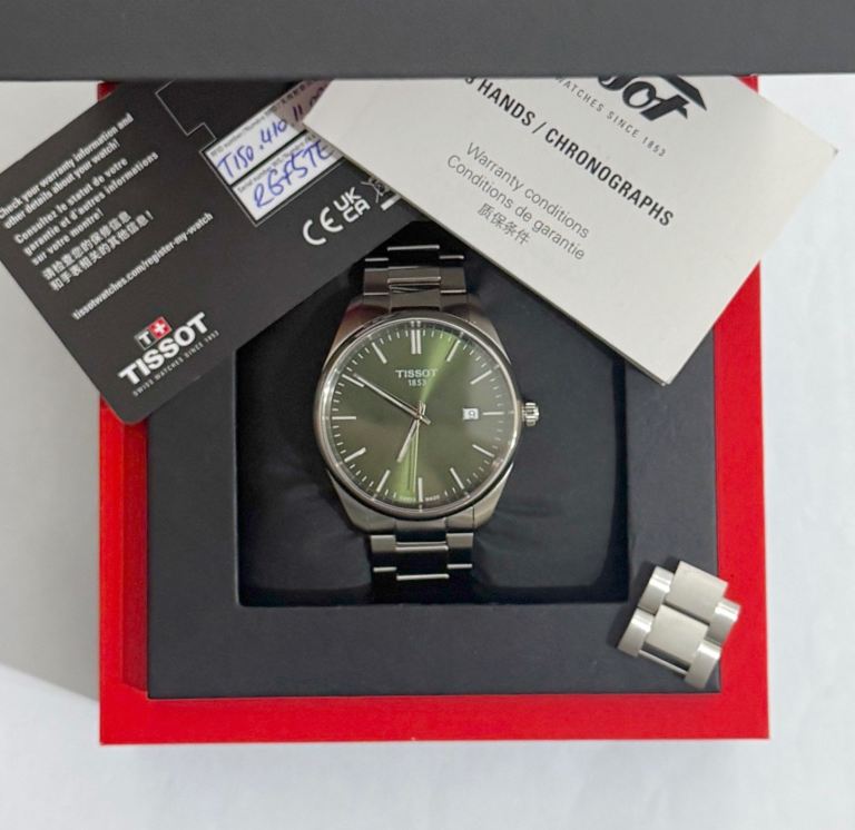 Excellent/unused Genuine Tissot PR100 green dial men’s 40mm Swiss watch, full set