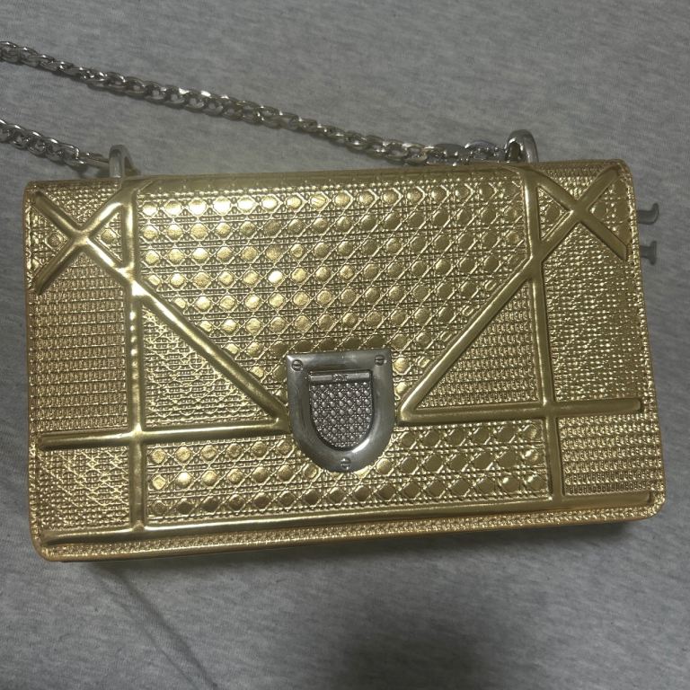 Christian Dior Diorama Bag | Gold Metallic Micro-Cannage | Silver Chain Strap | Evening Bag
