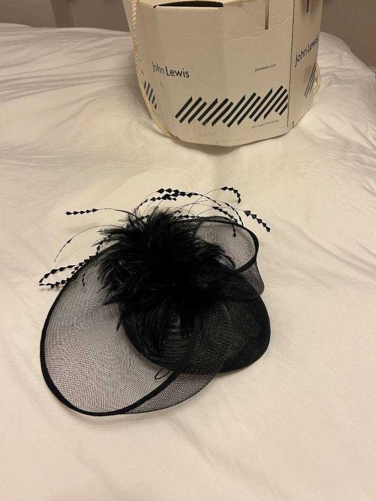 John Lewis Black Fascinator Hat with Feathers ideal for Ascot weddings etc