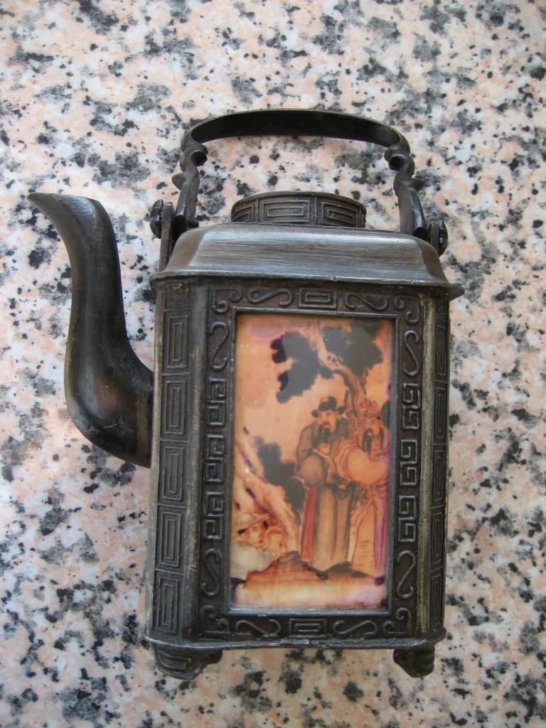 RARE ANTIQUE Chinese Bronze Incense Burner Teapot Style with 3 Immortals c1845 