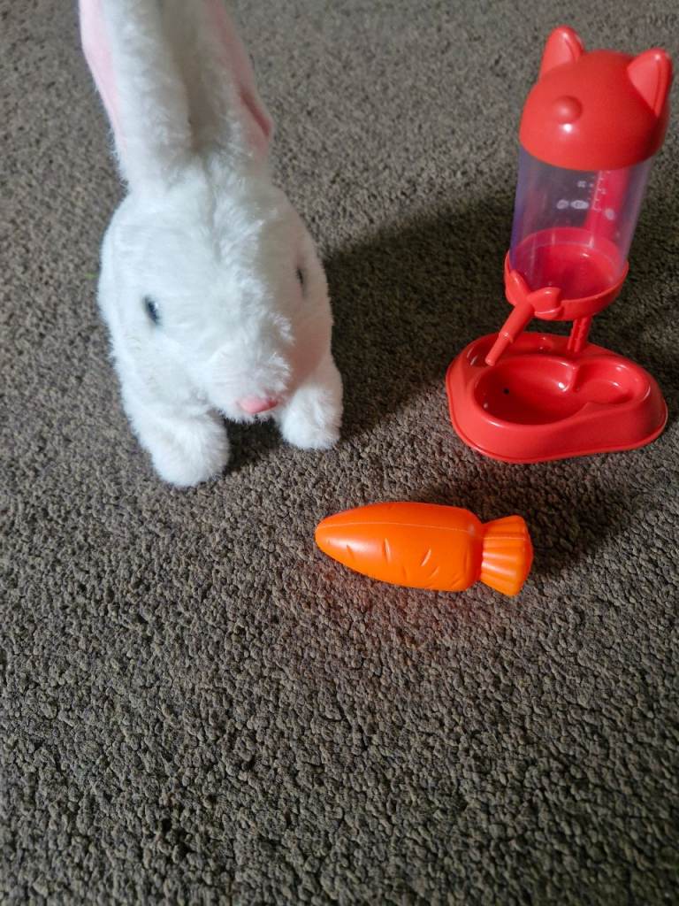 White Plush Bunny Toy with Carrot and Water Feeder