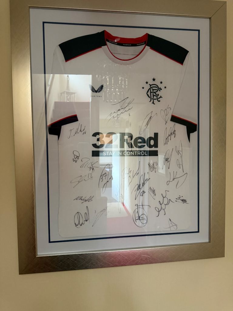 Framed Rangers Signed Football Shirt – White, Good Condition