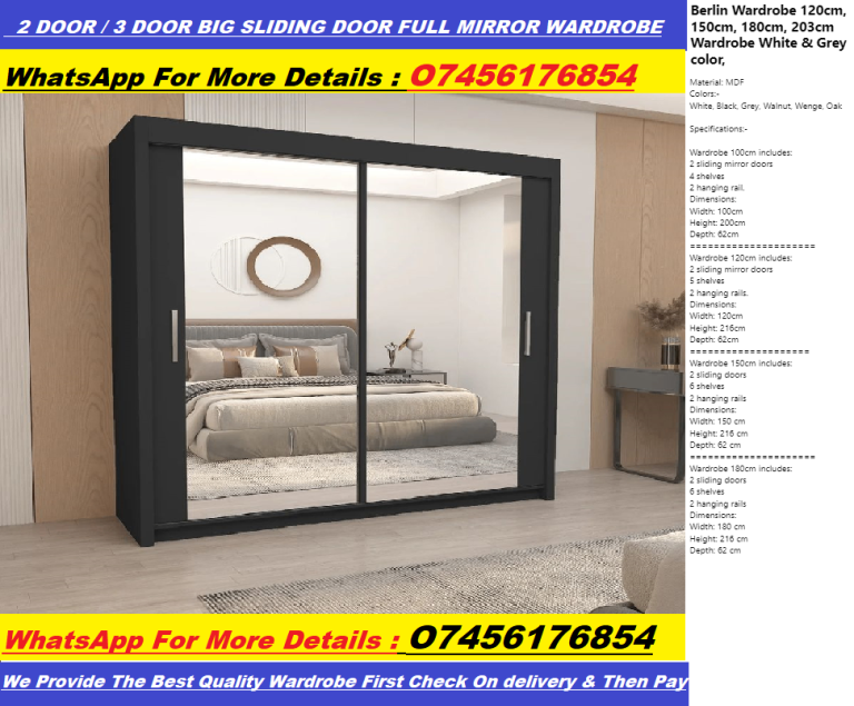 Quality Brand! Full Mirror Sliding Wardrobe - Chicago Wardrobe - Milan Wardrobe- Berlin Wardrobe