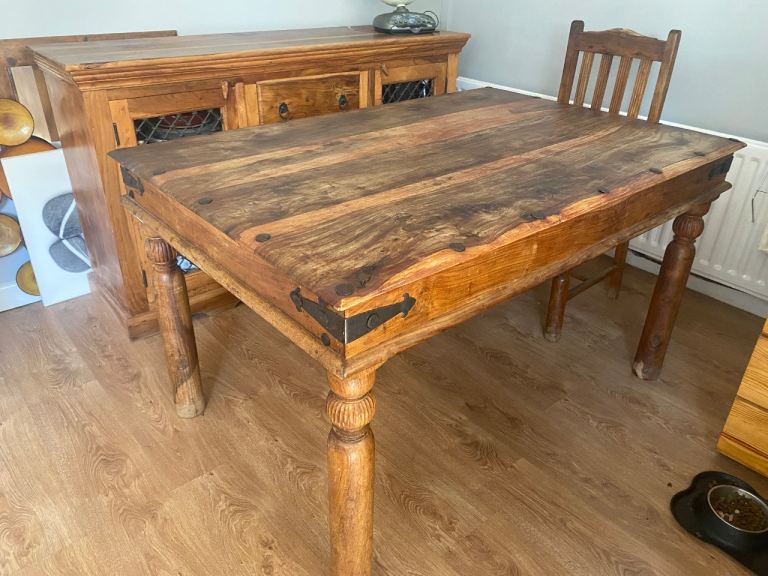 Oak furniture table ,cabinet and four chairs