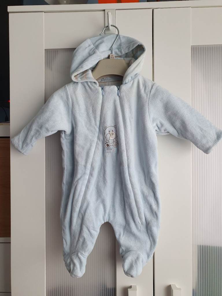 Mothercare Baby Boy Bear SnowSuit Onesie 0-3 month HOODIES ZIP UP COTTON LINING WINTER OUTFIT