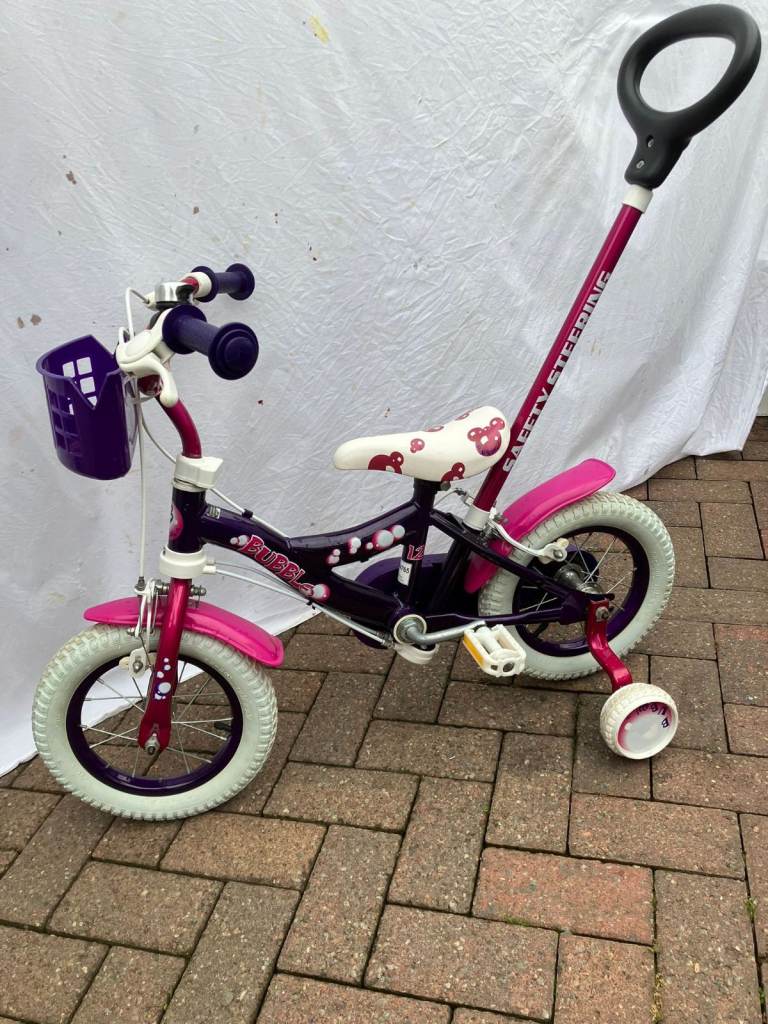 BIKE Girls Bubble 12 inch Wheels, Stabilisers & parent steering safety handle. Really Good Condition