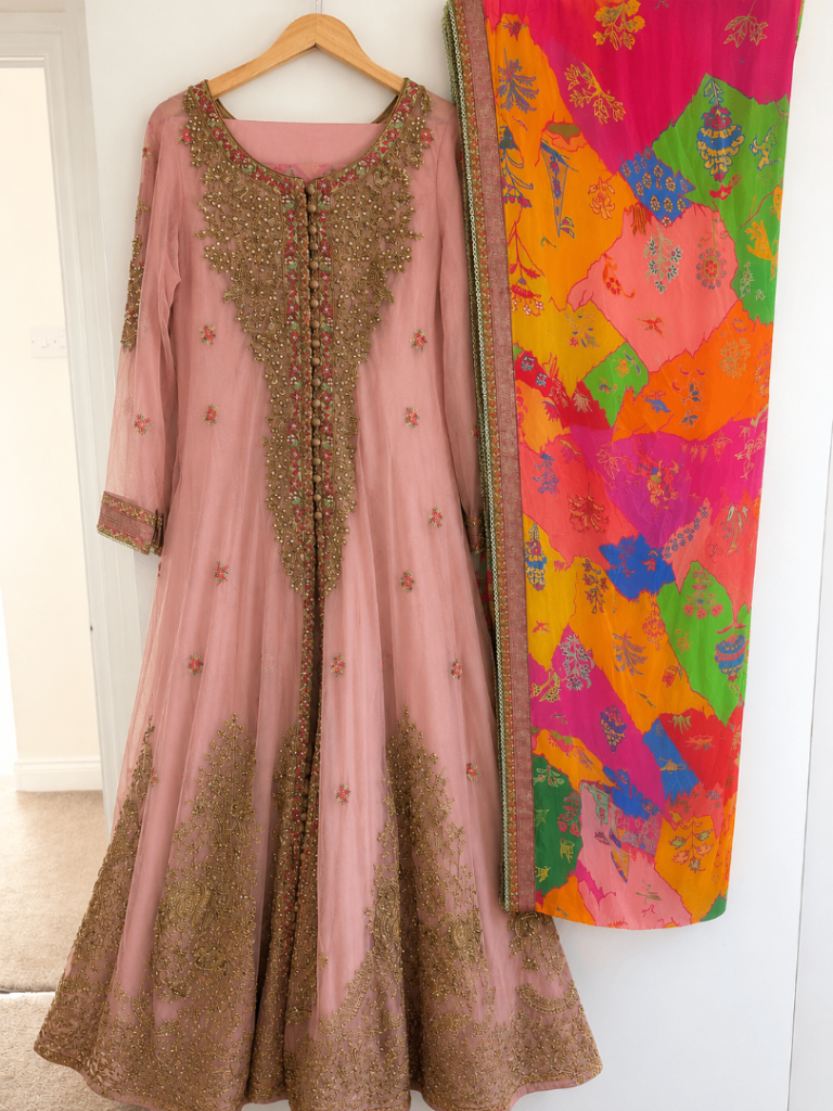 Fahad Hussayn  Embroidered Dress with Colourful Dupatta – Wedding & Party Wear