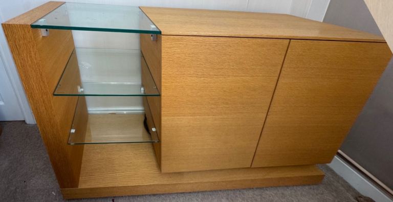 Modern Wooden Sideboard with Glass Shelves and Storage