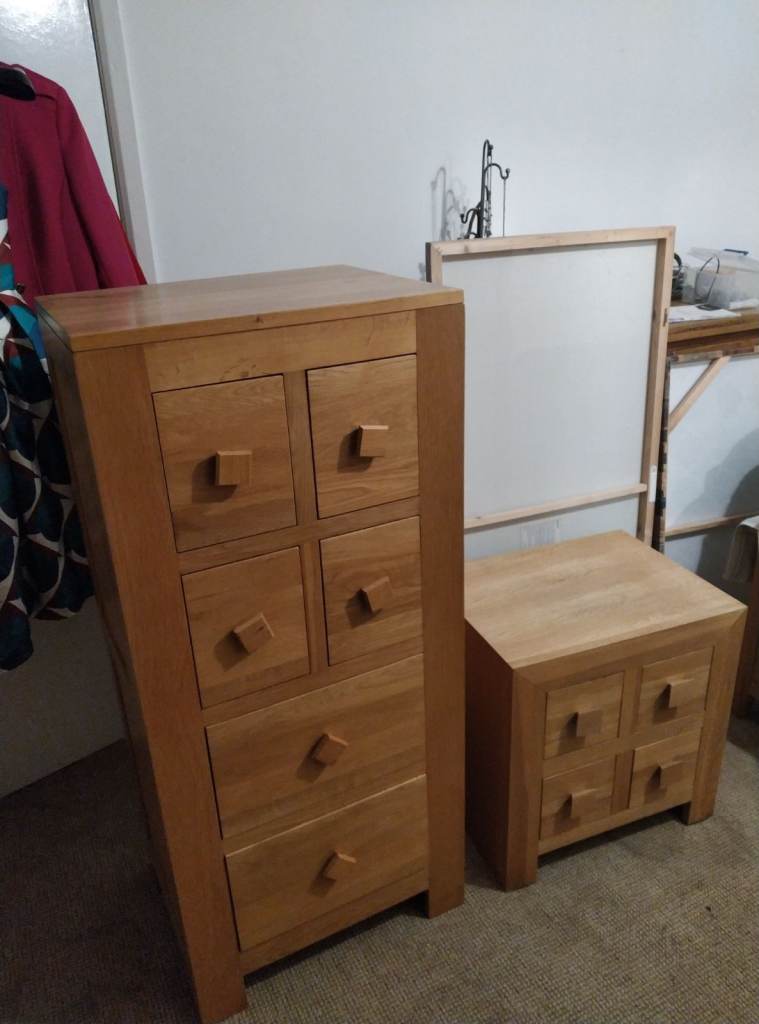 Oak tall drawers and bedside table 