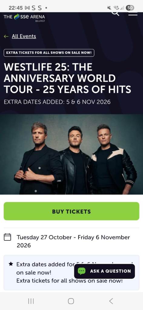 WESTLIFE SSE ARENA BELFAST FRIDAY 06TH NOVEMBER 2026