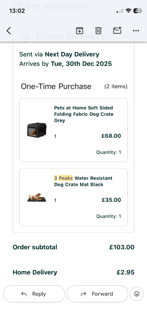 Large Pets at Home Folding Dog Crate + 3 Peaks Mat – 104 x 70 x 69cm