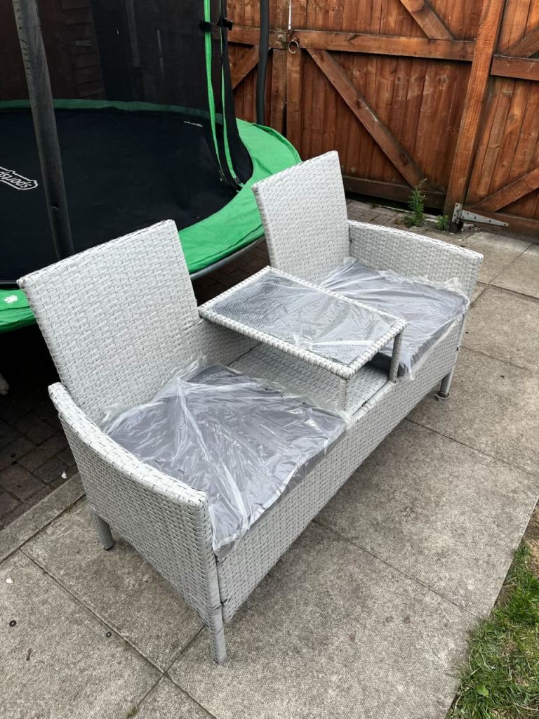 Brand New Grey Rattan Garden Bench with Table