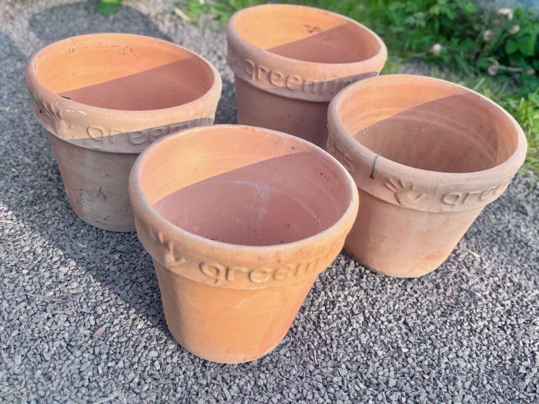 4 terracotta clay “green fingers” garden pots/planters NEW 