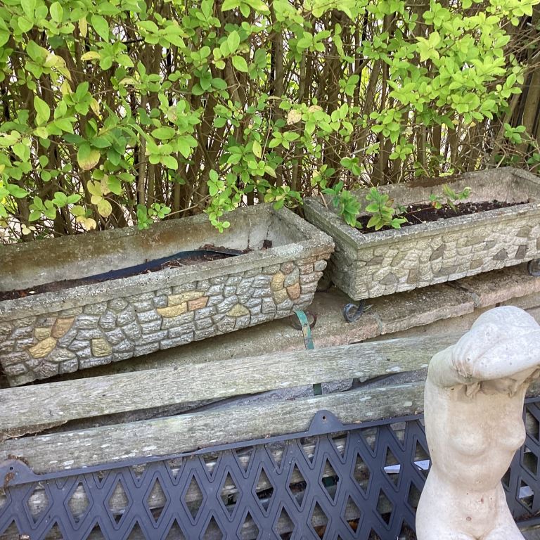 image for PAIR OF WONDERFUL VINTAGE STONE PLANT 🪴 POTS ON METAL LEGS 