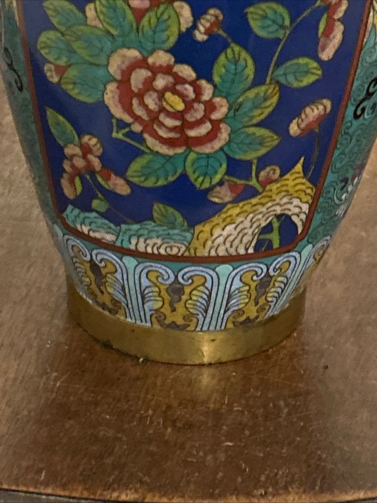 This Is A Vintage Chinese Cloisonné Vase With Turquoise Background