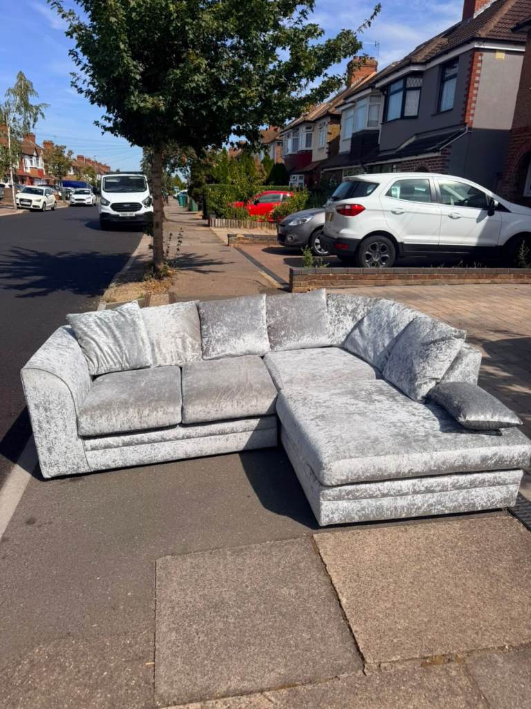 Grey Crushed Velvet Corner Sofa – Good Condition