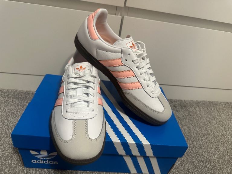 Adidas Samba Trainers – White with Pink Stripes, NEW