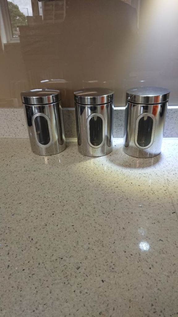Set of 3 stainless steel tea coffee and sugar Canisters