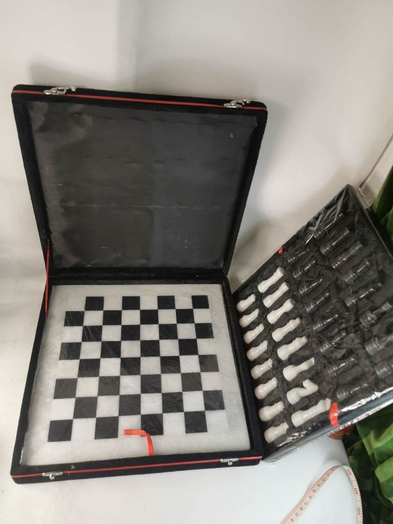 Heavy Marble Chess Set 30cm Black and white Wooden Velvet Box Complete