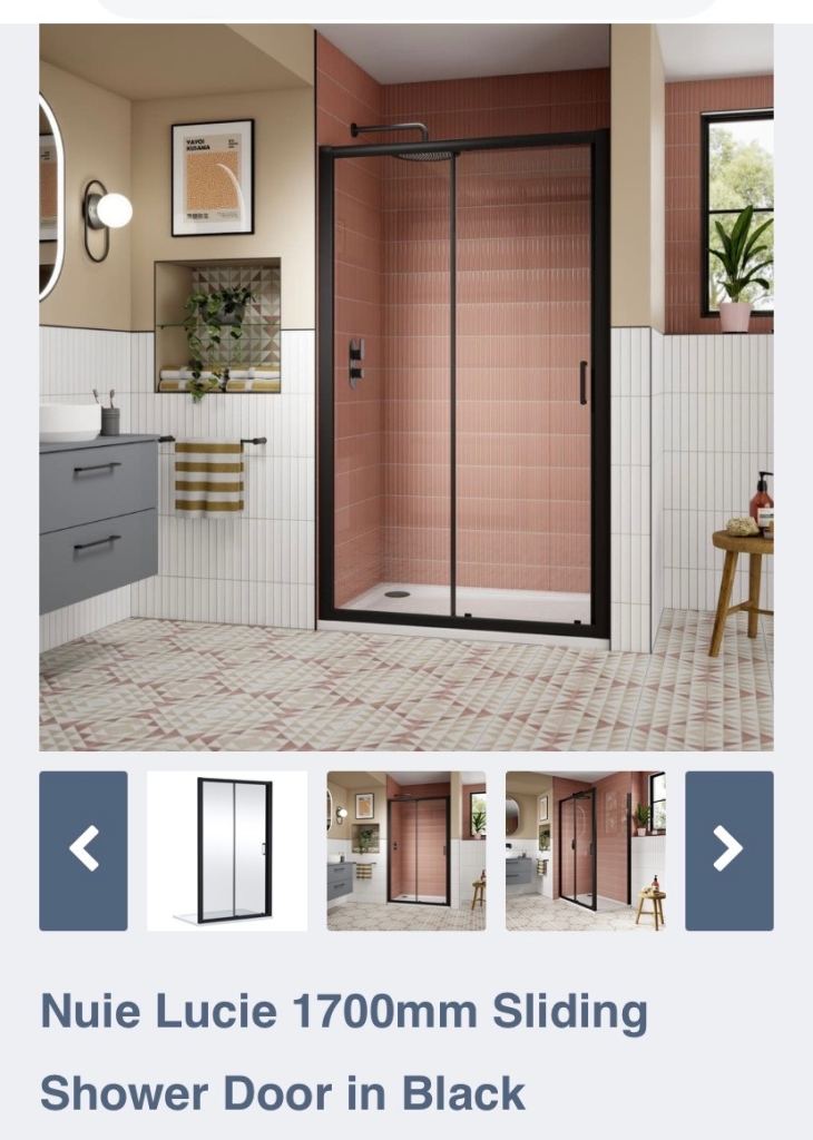 Nuie Lucie 1700mm sliding shower doors in black.