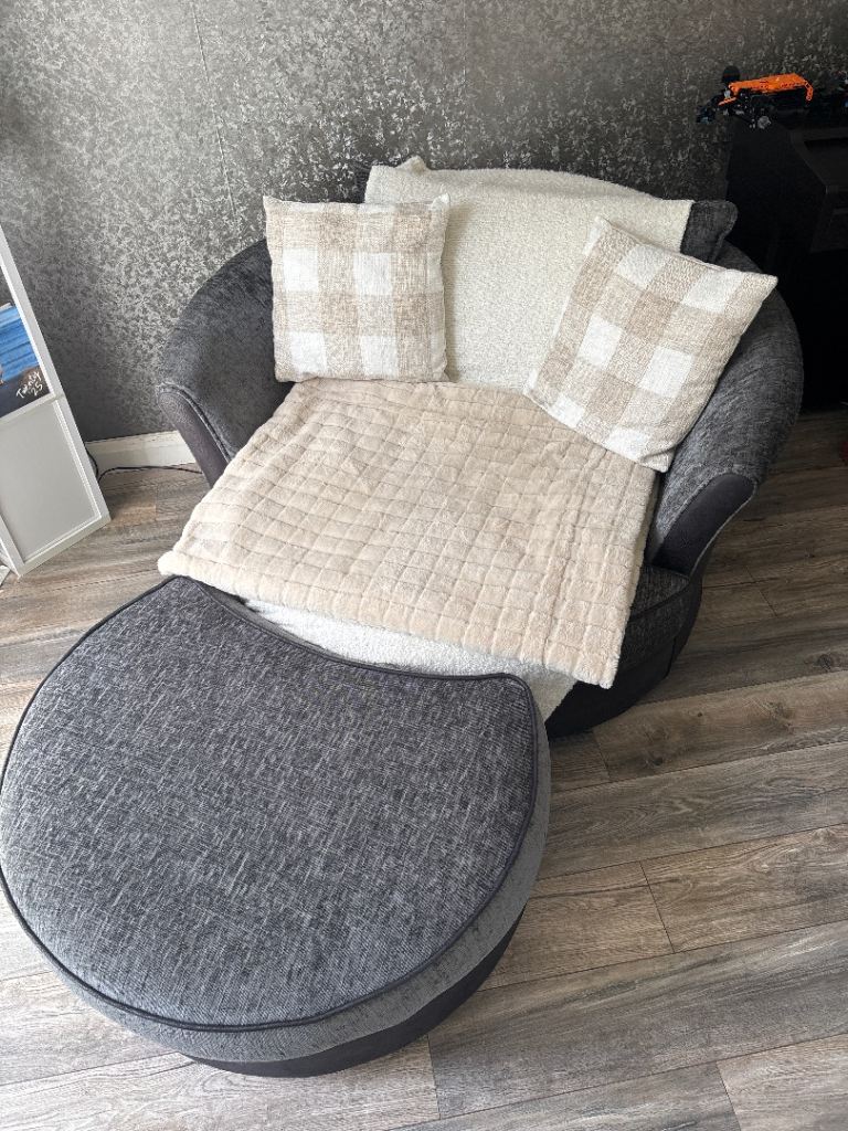 Grey Swivel Armchair with Footrest