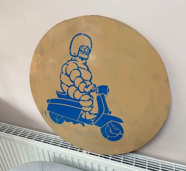 MICHELIN MAN SCOOTER LARGE WOODEN WALL SIGN, MAN CAVE, VESPA LAMBRETTA BIBENDUM