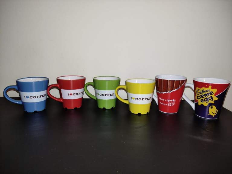 6 x mugs - Burger King 2012 Limited Edition Caffe mug, KitKat, Cadbury Crème egg 