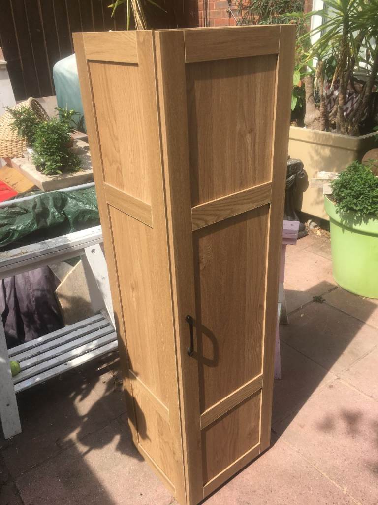 Slim Brown Wood Wardrobe / Storage Unit With Shelves Good Condition Bedroom Bathroom Kitchen Cabinet