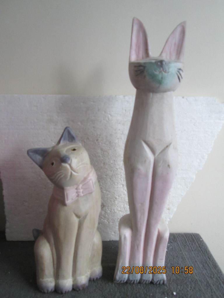 2 LARGE  WOODEN  CAT  ORNAMENTS  REDUCED