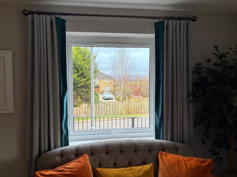 Fully lined sateen and velvet trimmed curtains