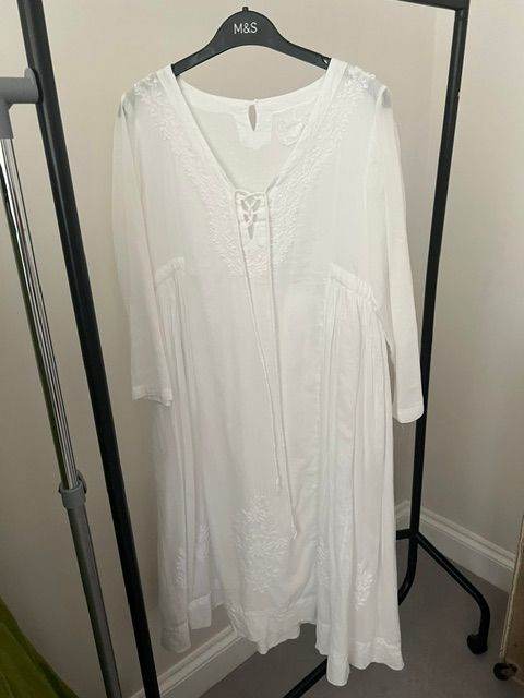 White Fine Cotton Hand Embroidered Summer Dress with Long Sleeves. One Size. Like New