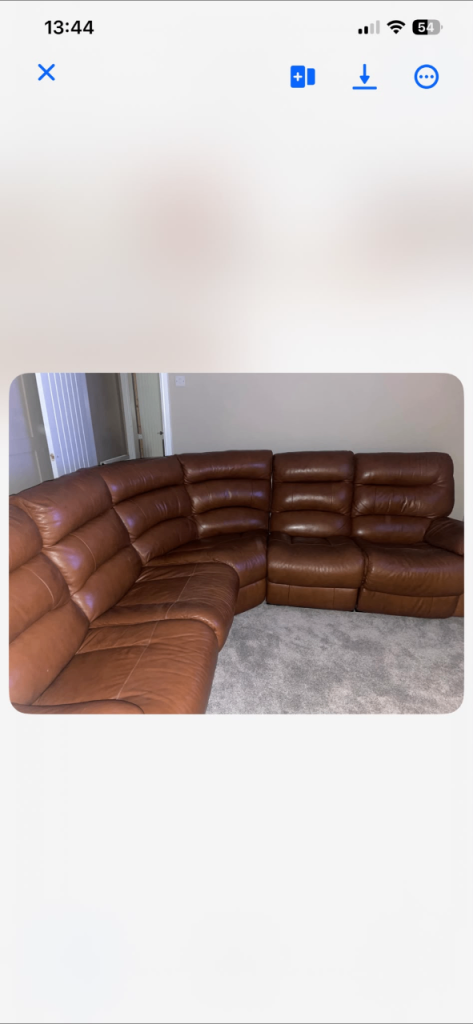 Brown leather recliner corner sofa. 