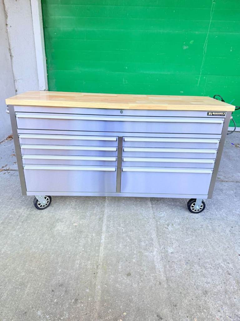 61” Stainless Steel 9 Drawer Tool Box Chest Wooden Top Work Bench Cabinet