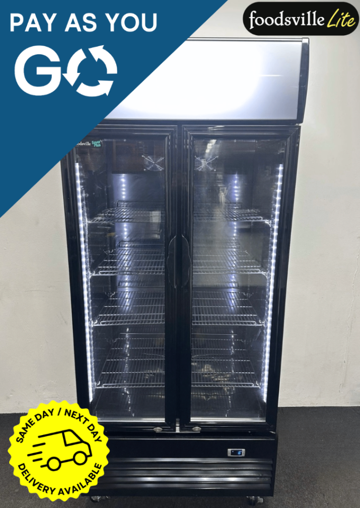PAY AS YOU GO: New Foodsville Lite 900mm Upright Double Glass Fronted Display Fridge, On Wheels