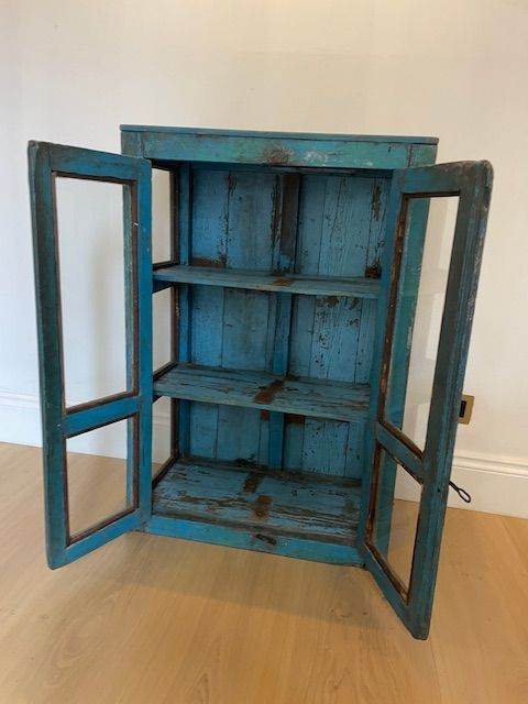 Antique Blue Patina Indian Glass Cabinet Vintage Jaipur India Wood Glazed