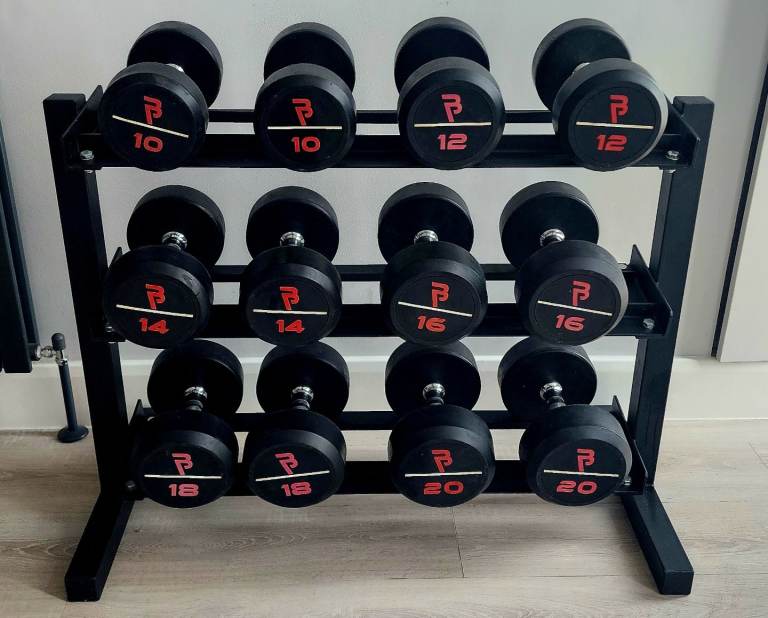 As new bodypower pro rubber dumbbells set & rack